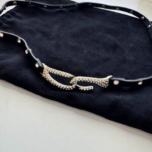 Crystal Studded Black Leather Choker Collar Interlock Punk Necklace Goth Bondage